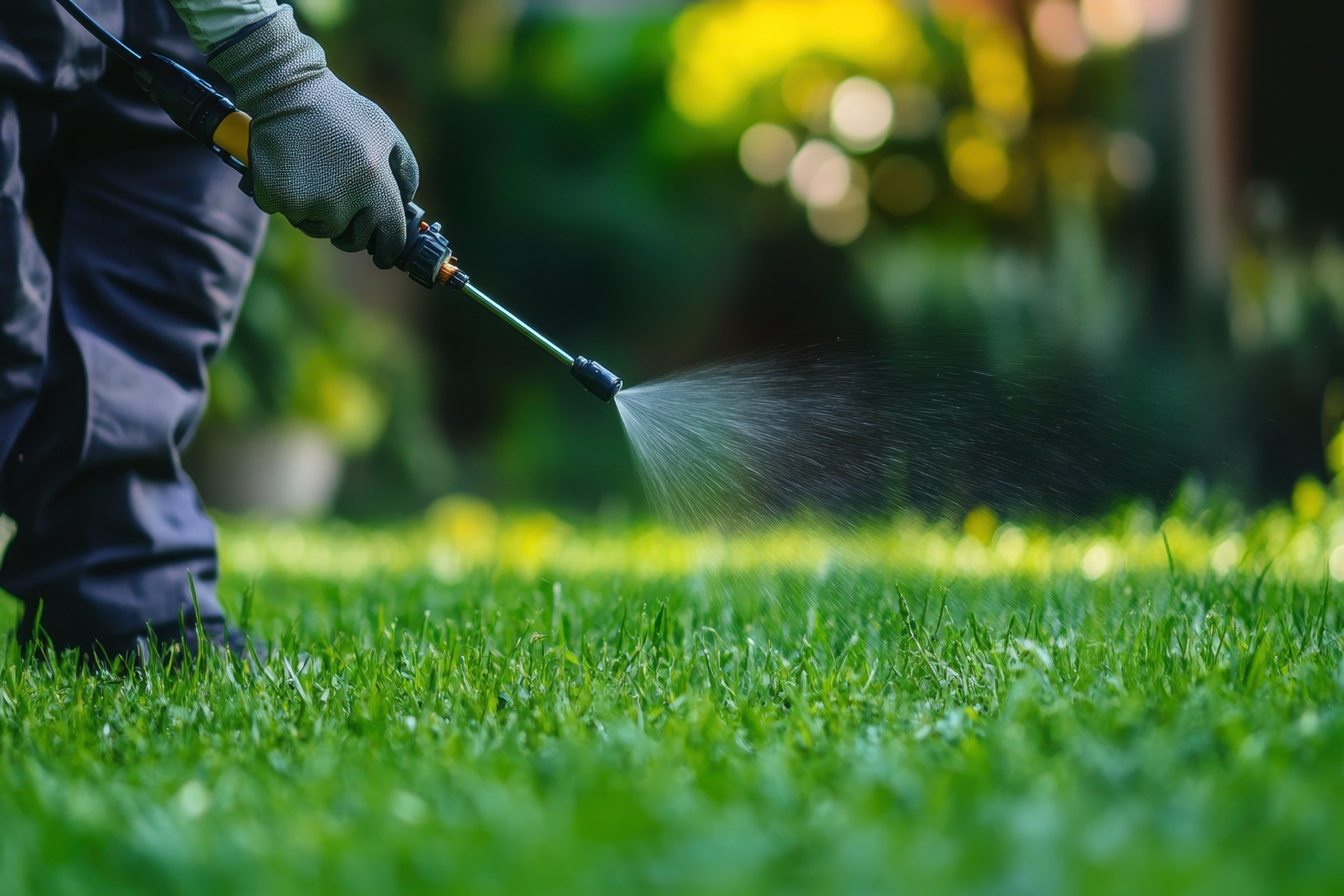 Pest control technician spraying a lawn